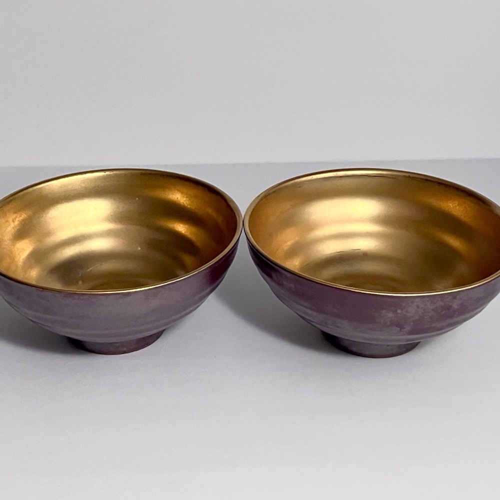 2 JAPANESE CHAWAN Tea Bowls / Purple-Bronze Glaze, GOLD INTERIOR / Rare Pottery